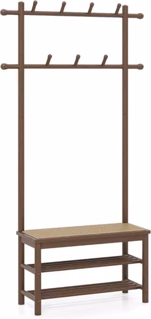 Attaccapanni Design Mania in bambù con panca e scarpiera, modello hall tree con 13 ganci e mensole, Marrone