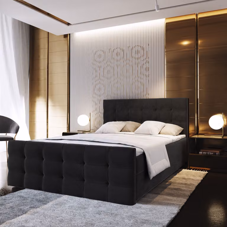 Letto a molle Masseno AMON 160x200 cm completo di materasso e topper Bonell, letto imbottito con cassettiera - nero, COSMIC 100