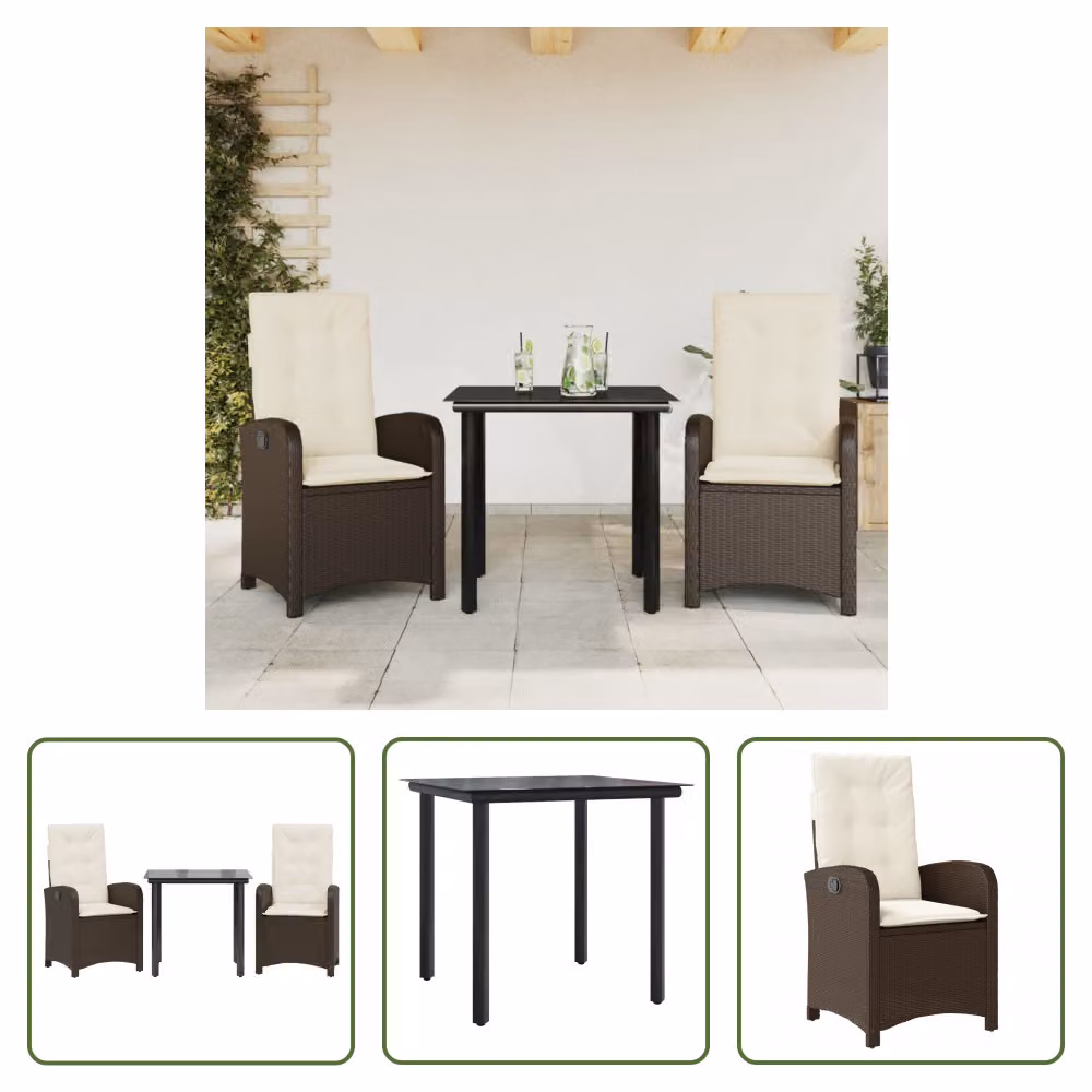 The Living Store Set da pranzo da giardino in 3 pezzi con cuscini in poly rattan marrone