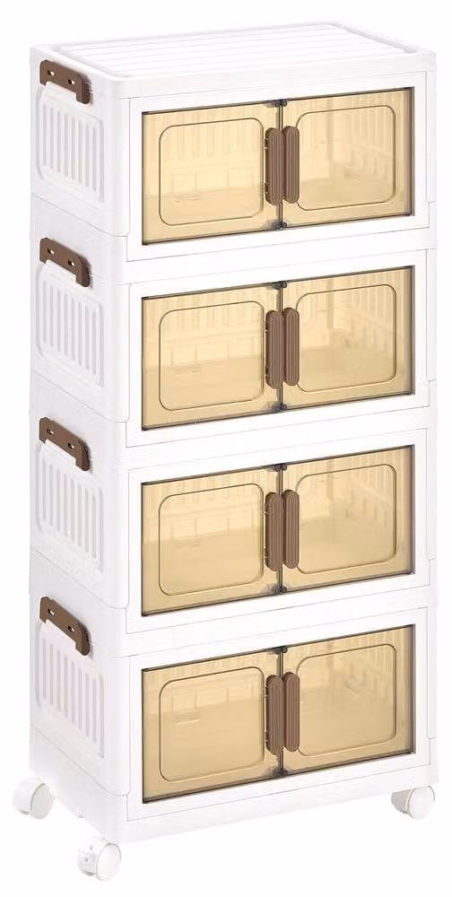 Organizzatore mobile su ruote con 4 ripiani e contenitori con coperchio | Bianco | 45x26x91 cm