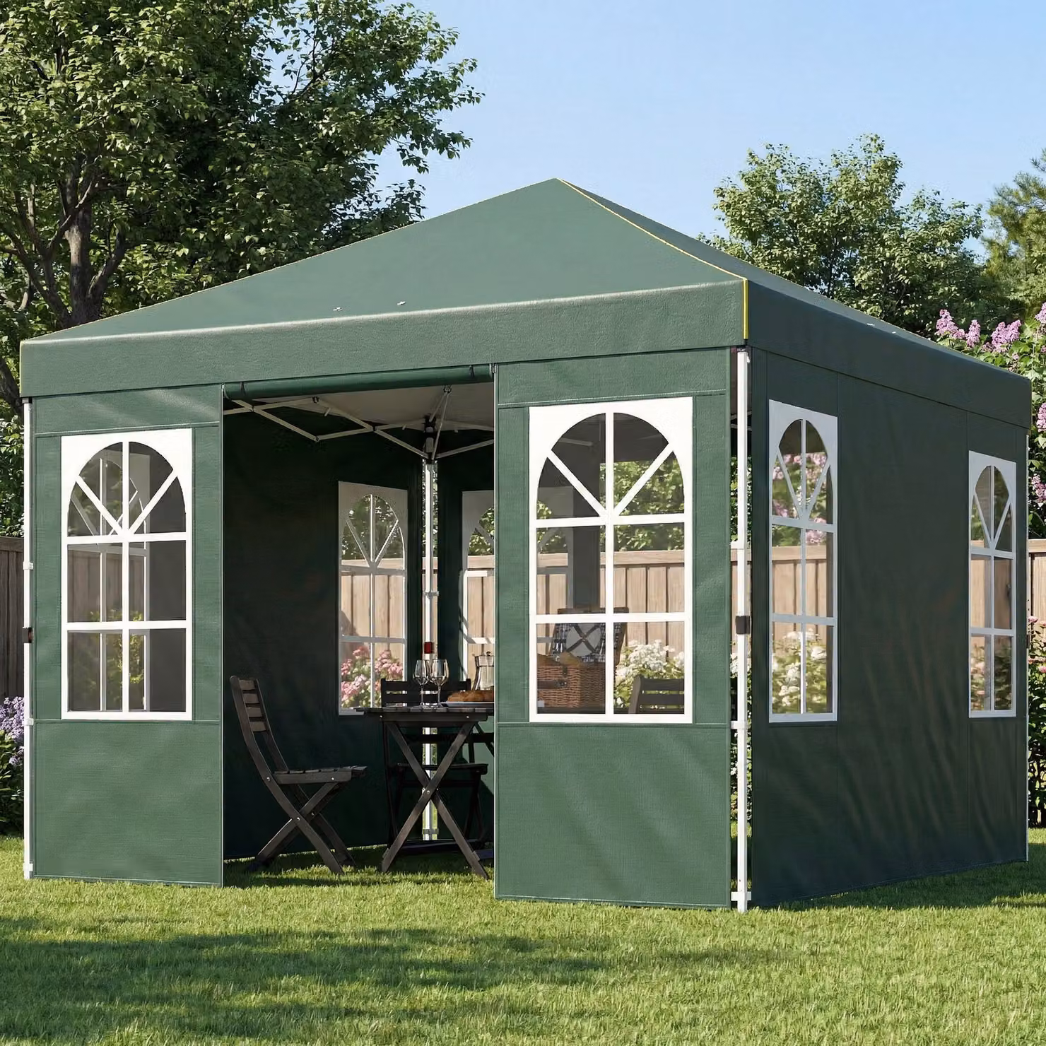 Gazebo Pieghevole Pop-up Outsunny Verde con Protezione UPF50+ e 4 Laterali Rimovibili L/P: 300 x 300 cm – 2