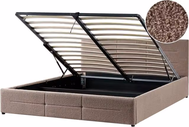 Letto ottomano tortora bouclé 180x200 cm con testiera sollevabile e base a doghe Design moderno