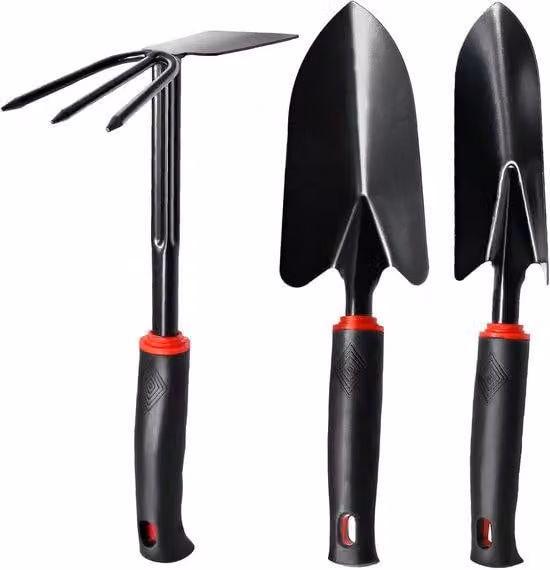Set di attrezzi da giardino in tre pezzi con impugnature antiscivolo - Set professionale in acciaio inossidabile per piantare, scavare e zappare (zappa, pala, carriola doppia)