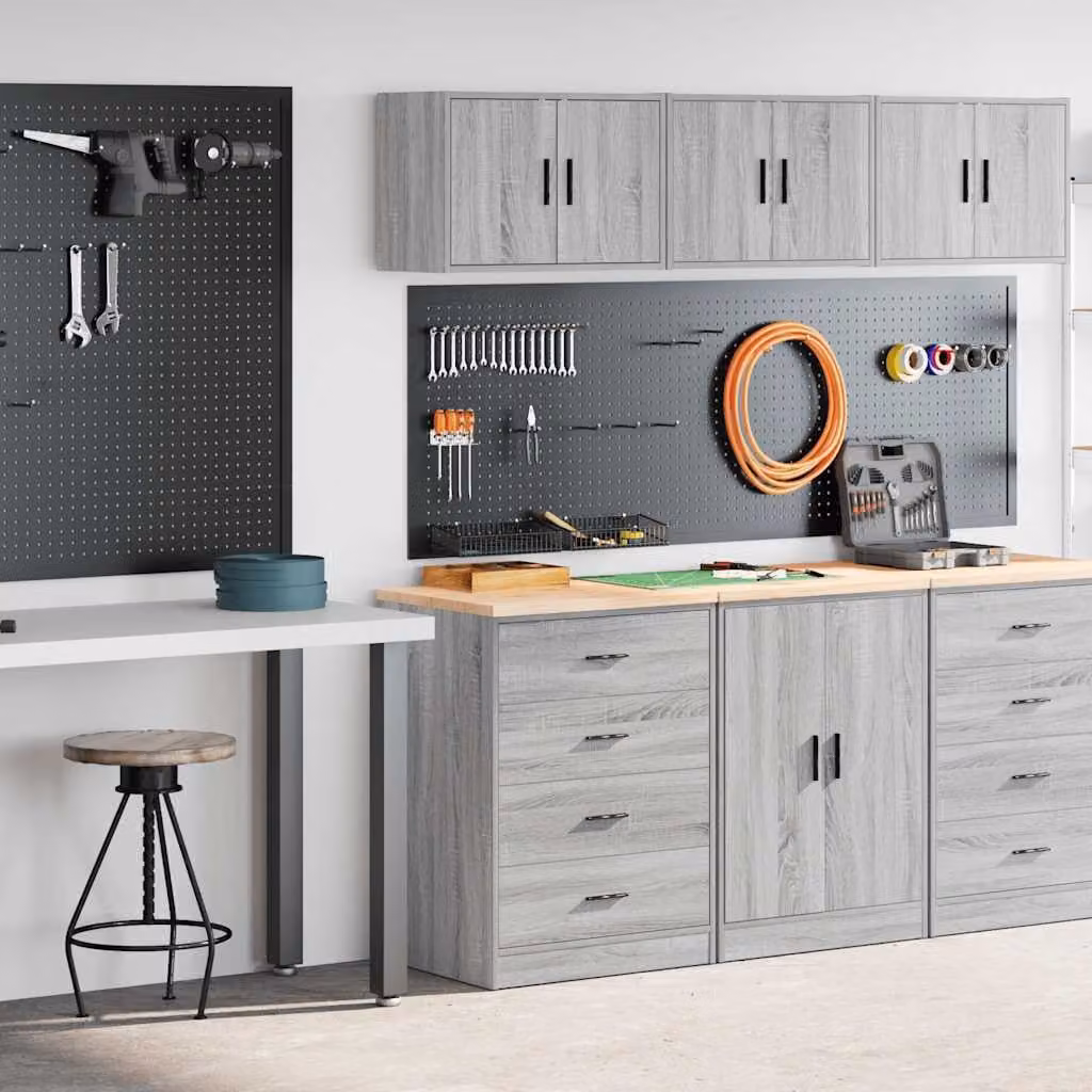 Set di 2 armadi da garage vidaXL in legno grigio con ante a battente e ripiani interni
