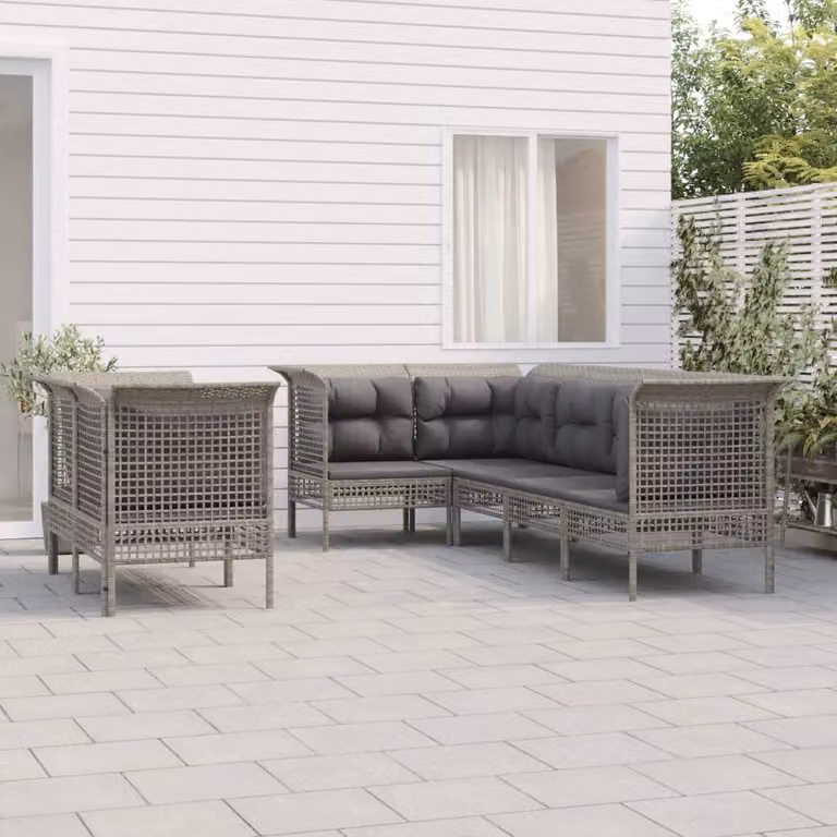 Set di divani da giardino vidaXL a forma di L composto da 7 pezzi con cuscini in polyrattan e struttura in metallo grigio