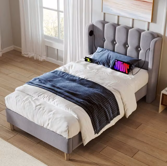 Letto imbottito 90x200 cm con USB e Type-C; struttura in lino grigio