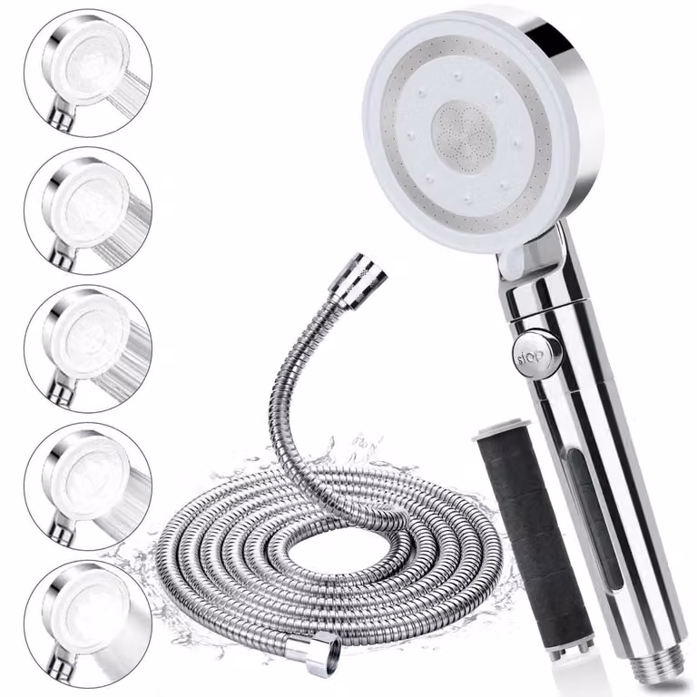 Doccia con tubo flessibile da 2 metri, alta pressione, con filtro, 5 getti, funzione di arresto, acciaio inossidabile, colore argento
