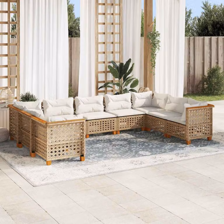 vidaXL Set Divano da Giardino 9 pz a forma di U in Polyrattan e Legno di Acacia con Cuscini Beige e Rivestimenti Rimovibili