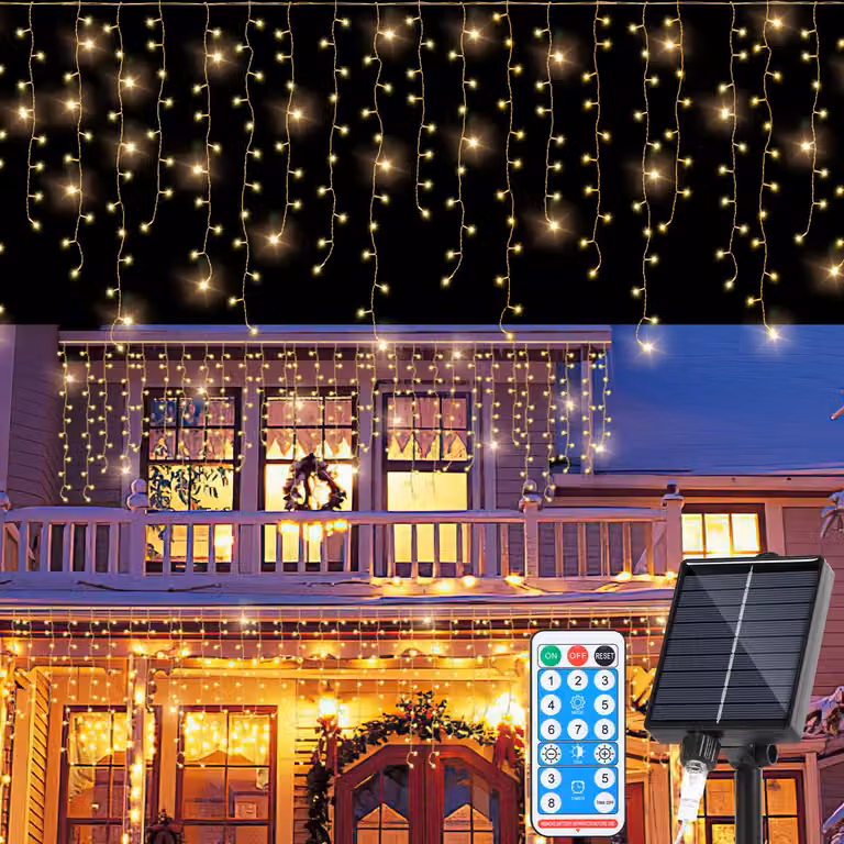 Catena luminosa solare LED Ikodm 10 metri, effetto "pioggia di ghiaccio" con 400 LED, forma di stalattiti, ideale per decorazioni interne ed esterne, con telecomando, luce bianca calda