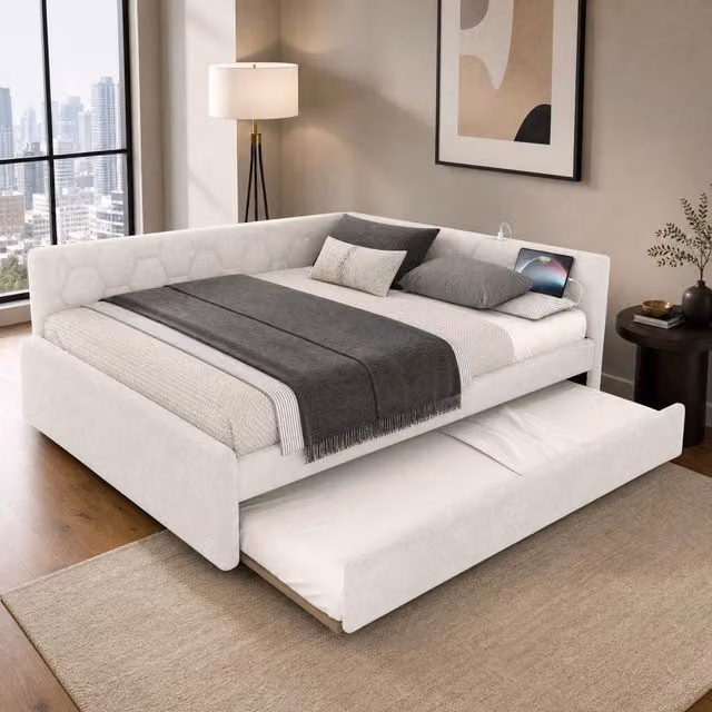 Letto Mivray con letto estraibile e rete a doghe, rivestito in velluto bianco, dotato di lampada da lettura integrata e porte di ricarica USB e Type-C, L/P/H: 208 x 140 x 66,5 cm