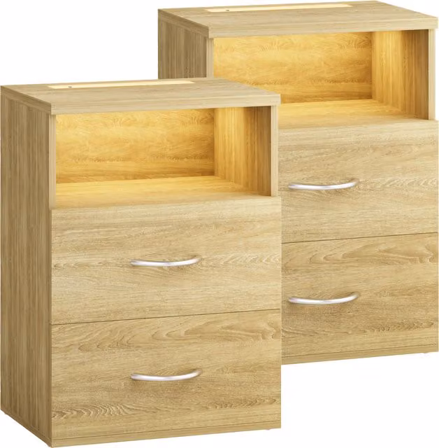 Set di 2 comodini Jamie CASARIA in rovere marrone con illuminazione integrata, stile moderno, L 55 cm x P 40 cm x H 28 cm