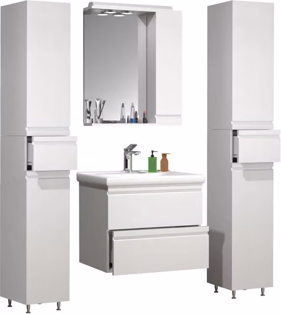 Set Bagno Completo Ezooza 5 Pezzi con Mobile Lavabo Large, 2 Colonne e Pensile a Specchio con LED, Bianco Lucido
