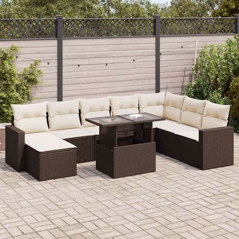 Set di divani da giardino vidaXL a forma di U composto da 9 pezzi con cuscini marroni e bianchi in rattan e metallo per esterno