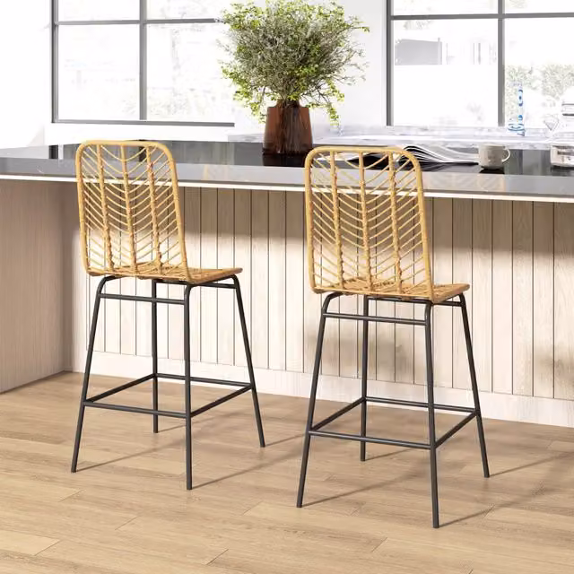 Sgabello da bar OKWISH con schienale e poggiapiedi in rattan giallo design boho L: 42,5 cm, P: 52 cm, H: 102 cm – 1