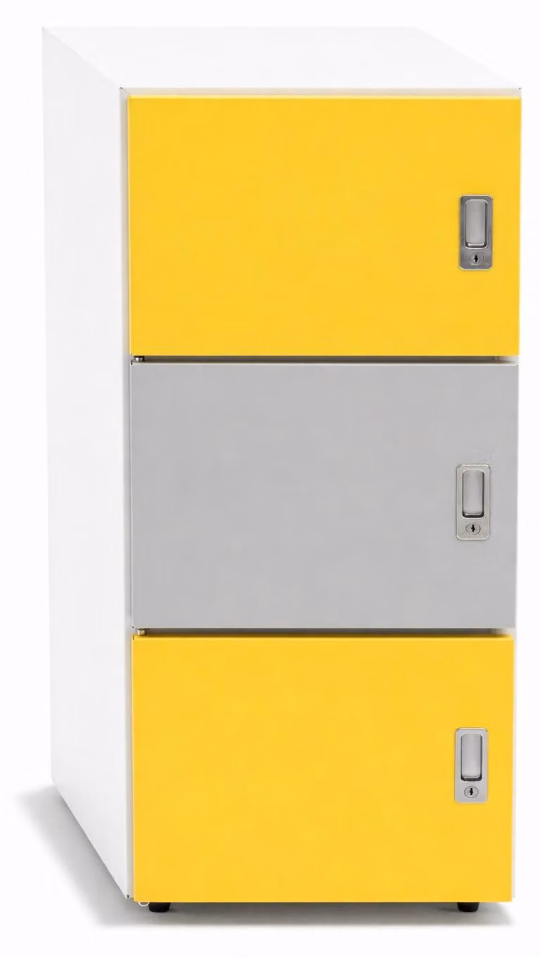 Armadio contenitore alla moda con ante colorate in giallo e grigio