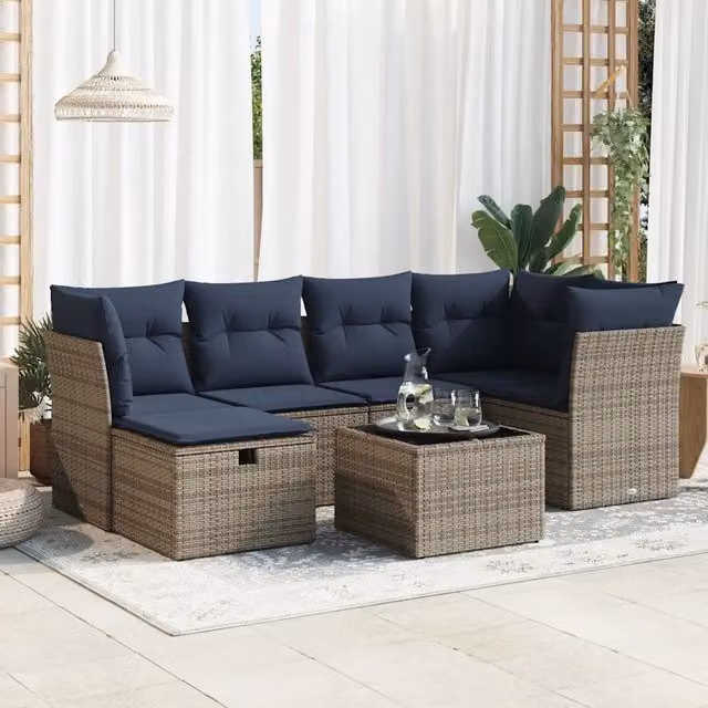 Set di divani da giardino vidaXL in polyrattan grigio con 7 pezzi e cuscini per esterno