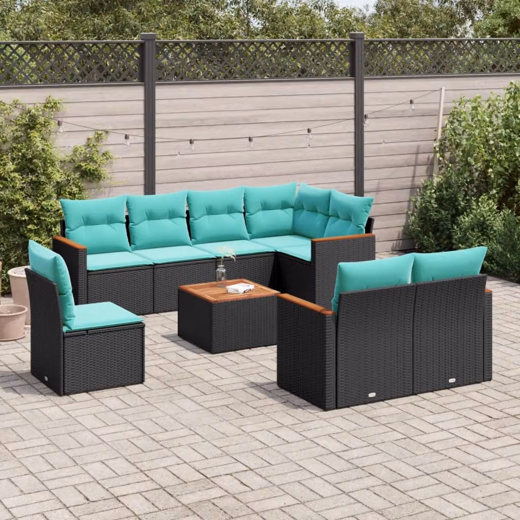Set Divani da Giardino vidaXL 9 pz in Polyrattan con Cuscini e Tavolino, Design a L con Struttura in Acciaio e Legno di Acacia, Colore Nero, Blu o Turchese