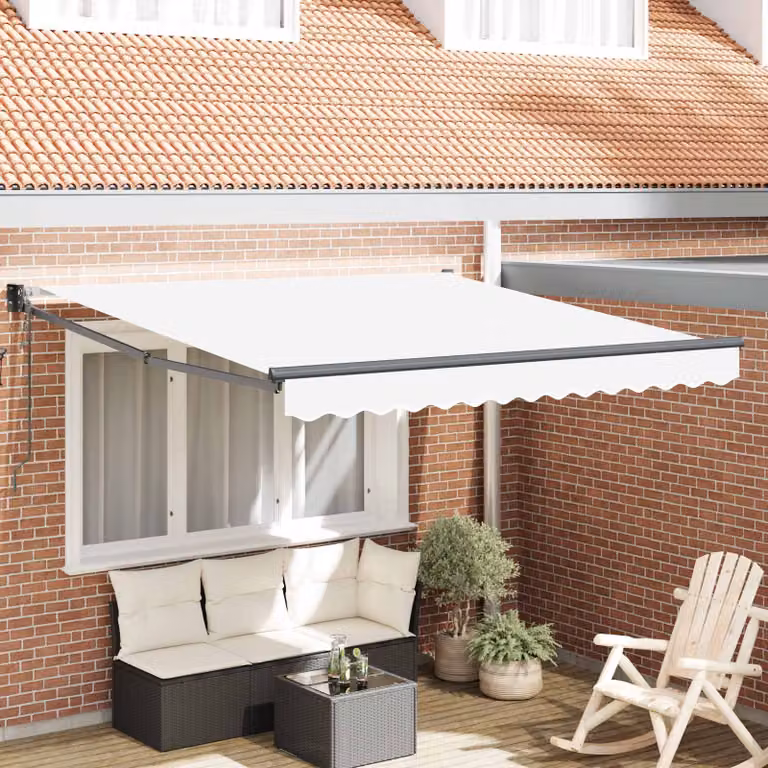 Tenda retrattile vidaXL con bracci pieghevoli e telecomando, Bianco, L: 350 cm x P: 250 cm, in Poliestere e Metallo
