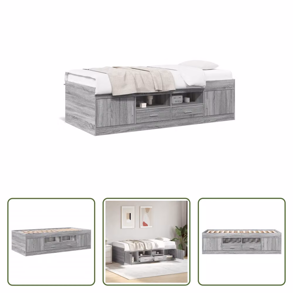 The Living Store Letto da giorno con cassetti grigio Sonoma 90x200 cm materiale legno