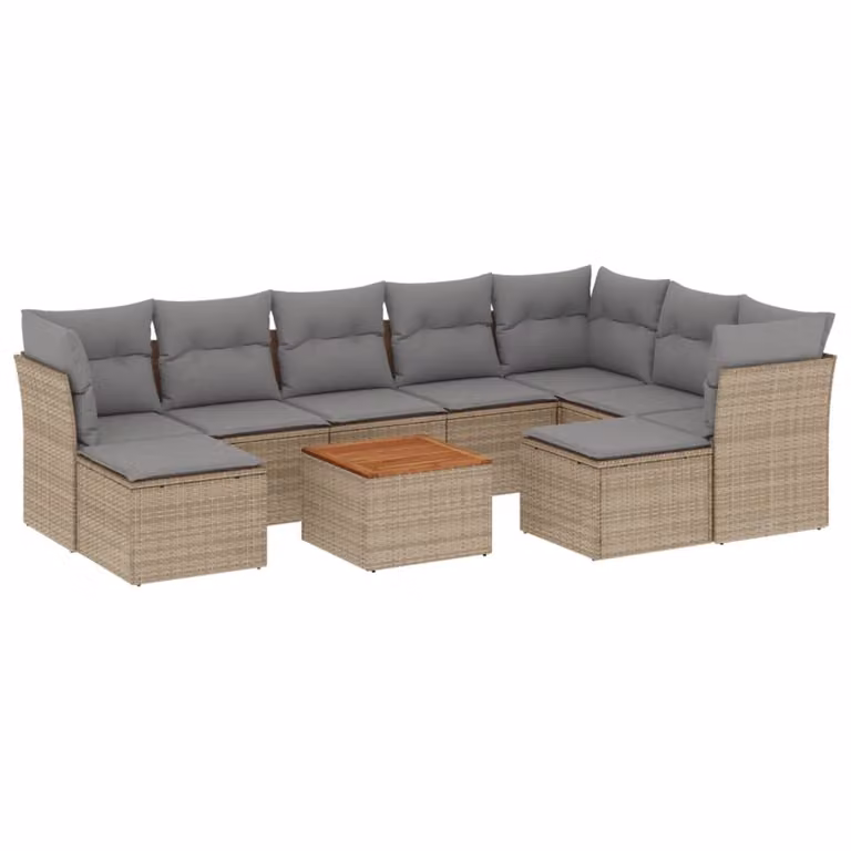 Set Divano da Giardino 10 pz con Cuscini Beige Misto Polyrattan