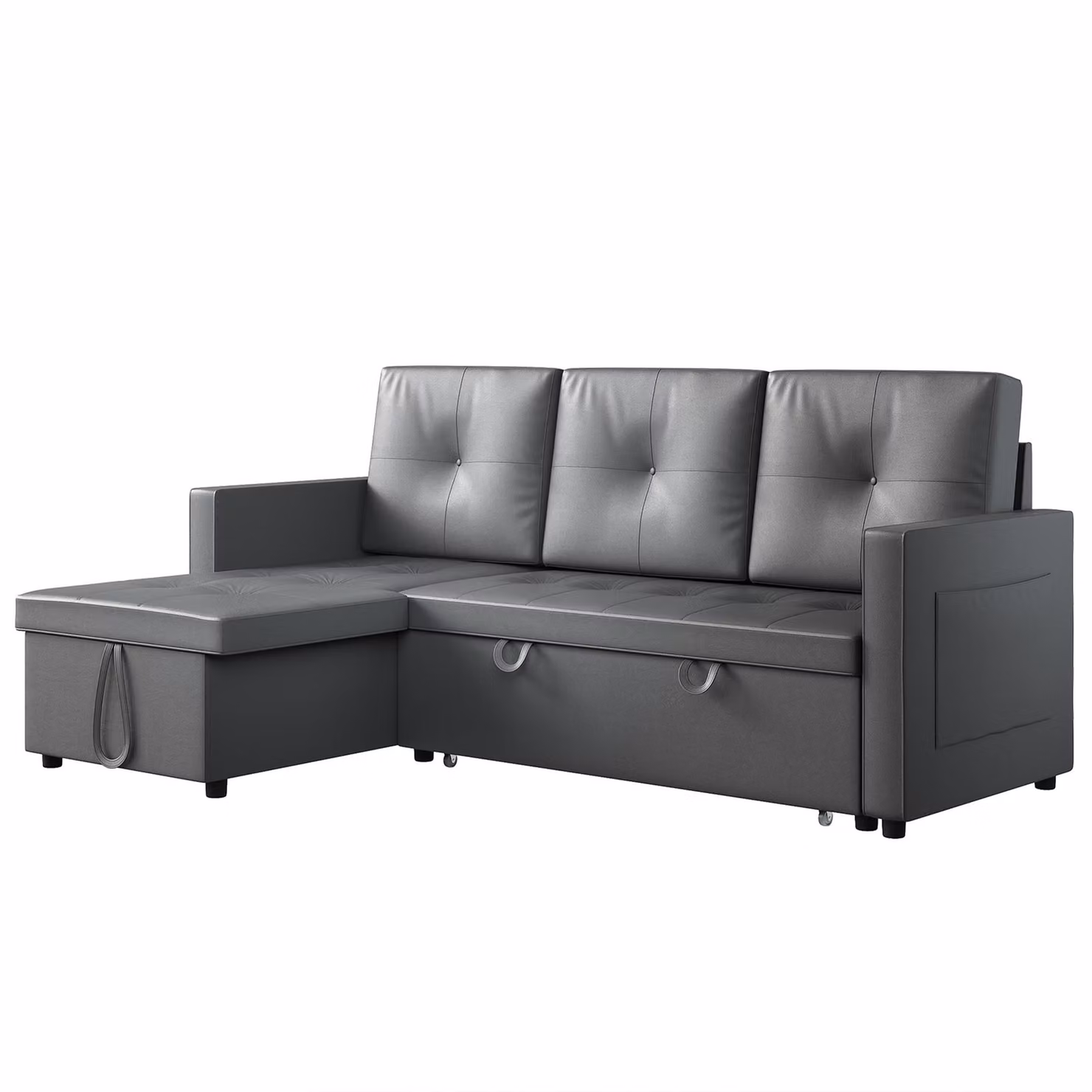 SONNI 203x130x88cm Divano angolare a tre posti grigio scuro con funzione letto, divano e letto in uno, schiuma ignifuga, con vano contenitore nascosto