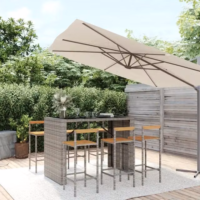 Set Bar Giardino 7pz Grigio Polyrattan e Legno Massello Acacia 3187703