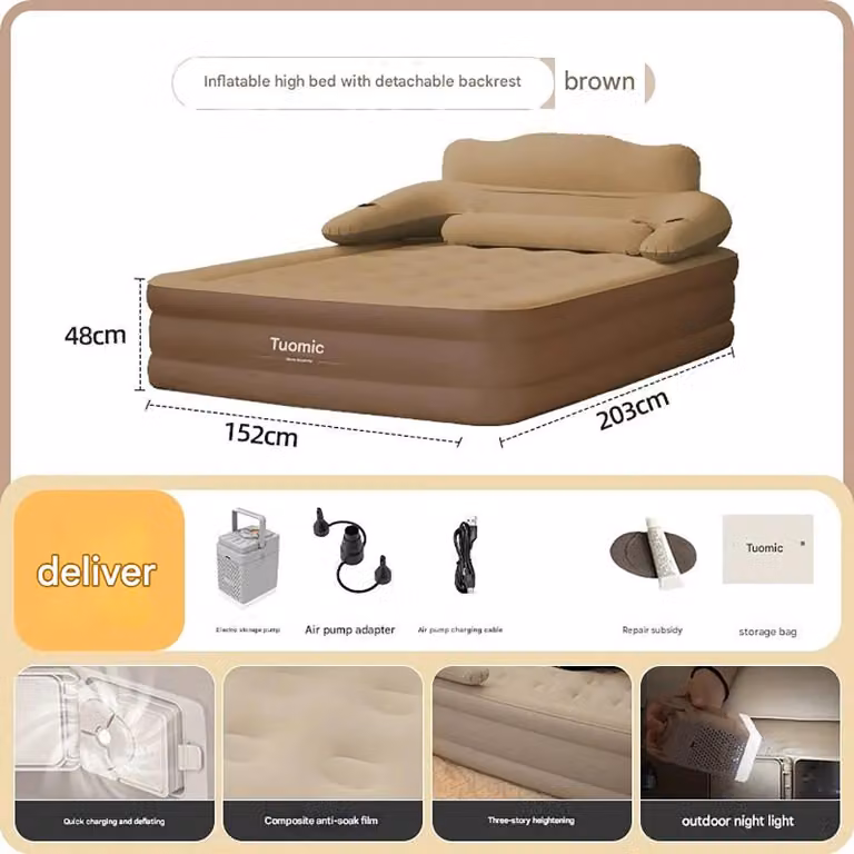 Materassino gonfiabile per campeggio, 2 persone - Letto gonfiabile - Pompa integrata - Autogonfiante - Realizzato in PVC spesso - Dimensioni 203x152x48 cm - Adatto per interni ed esterni - Colore marrone