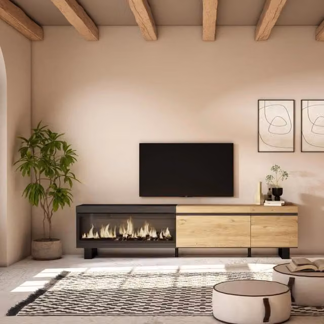 Mobile TV Soggiorno, 237x35x57cm, TV di grande formato, Camino elettrico XXL, Design industriale, colore Rovere e nero RF3584