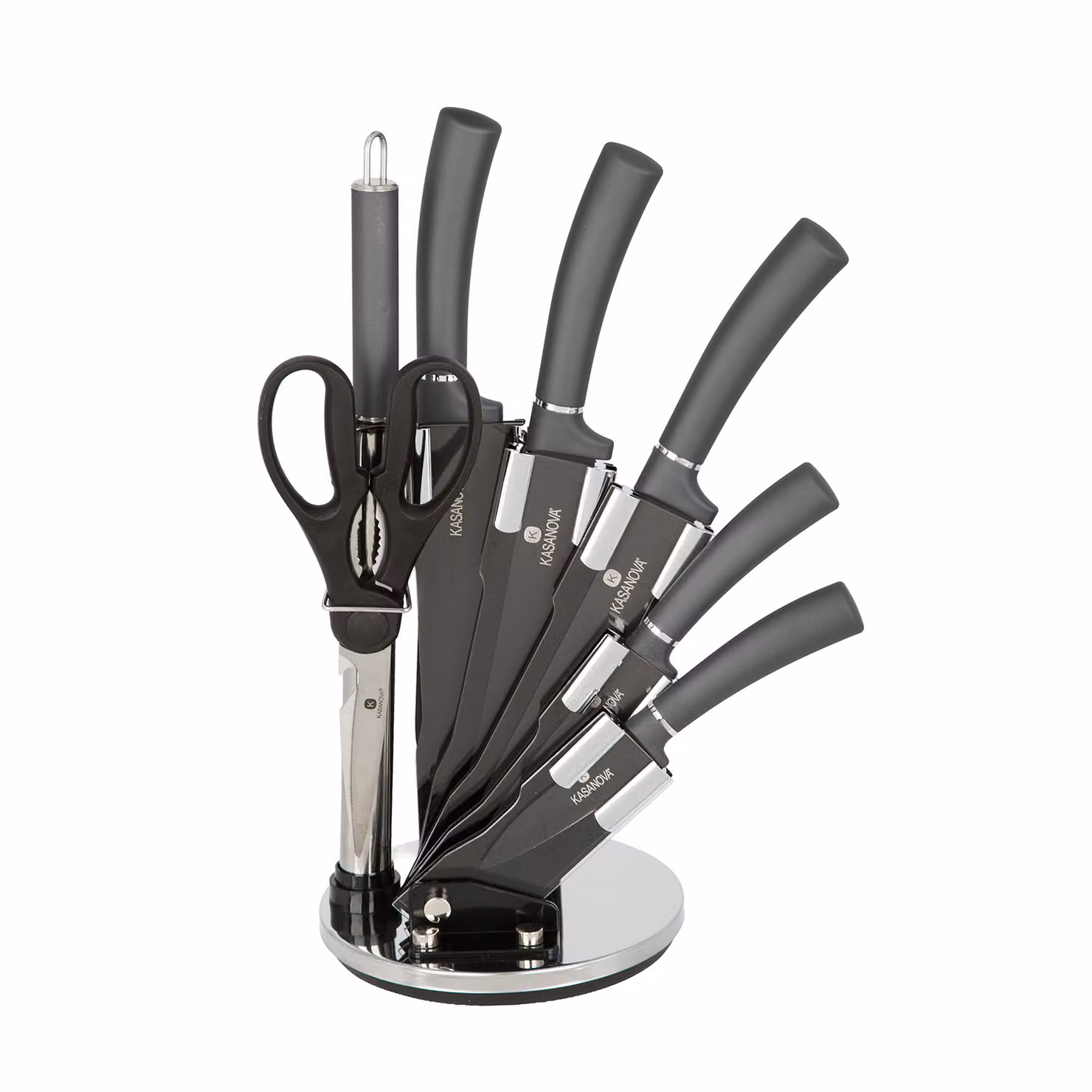 Set di 5 coltelli in acciaio inox grigi con forbici da cucina, affilacoltelli e supporto Kasanova – 2