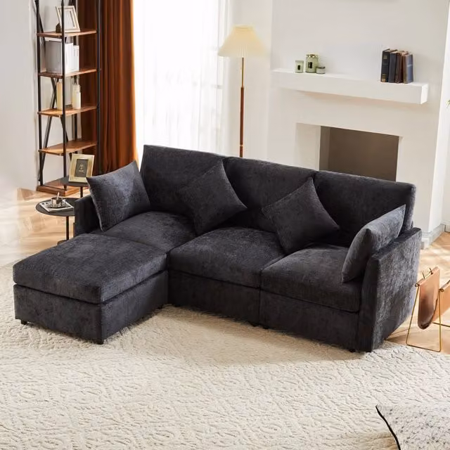Divano angolare modulare reversibile REDOM grigio con pouf e cuscini L/P/H: 216 x 161 x 81 cm