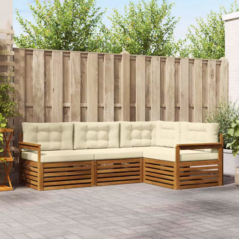 Set di divani da esterno vidaXL a forma di L in legno di acacia con cuscini, beige e marrone