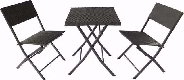 Set Tavolino e 2 Sedie Pieghevoli da Giardino Becker in Polyrattan e Metallo Nero Matt