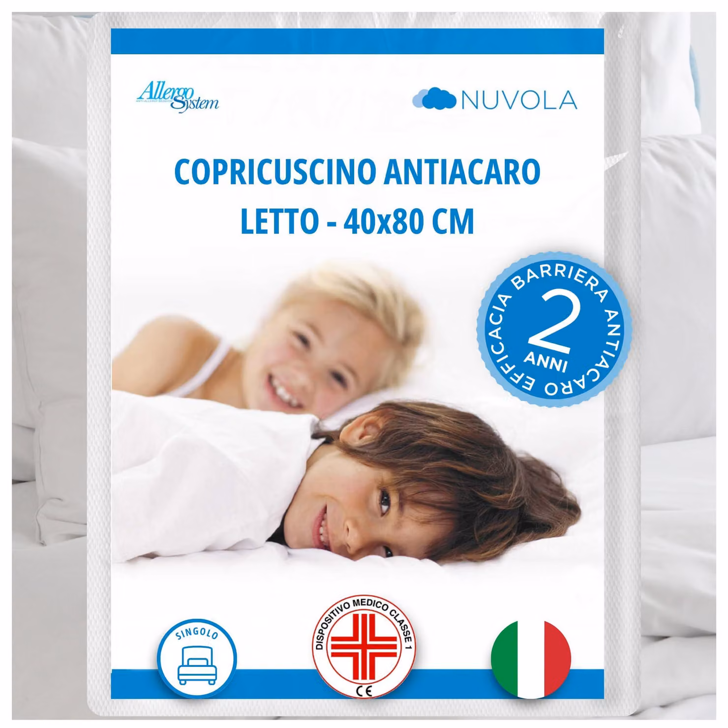 Copertura per cuscino anti-acaro, 40x80 cm, bianca, con cerniera