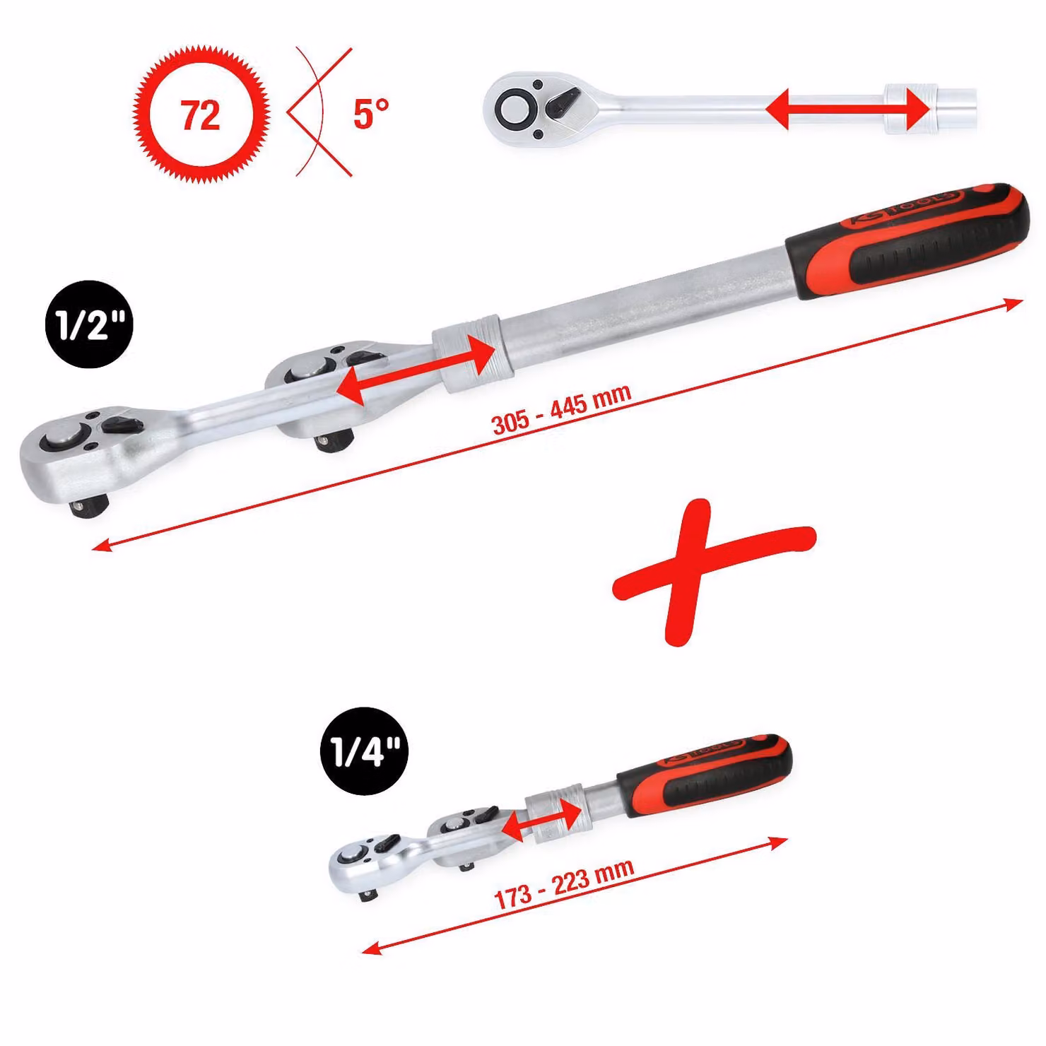 KS TOOLS Set di cricchetti reversibili telescopici da 1/4" + 1/2" 2 pezzi - 914.1412