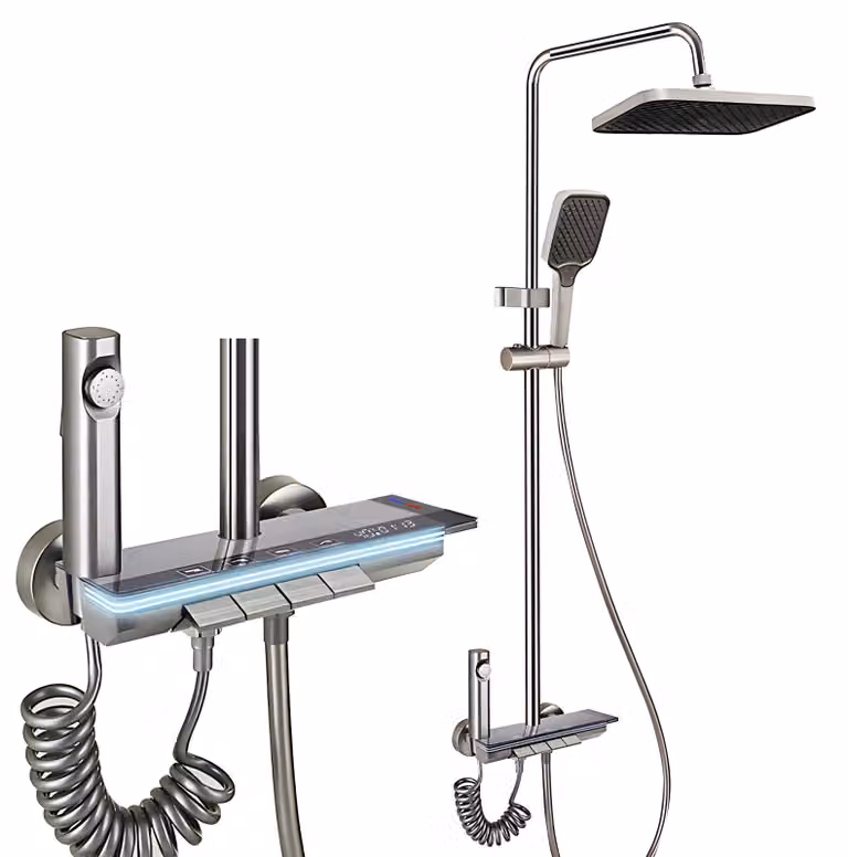 Sistema doccia con termostato, doccia a pioggia, display a LED, 4 tipi di getto, alluminio
