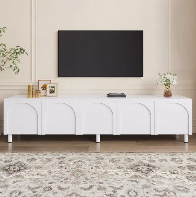 Lowboard TV con 5 Ante in PB e MDF, Piedini in Metallo, Bianco, 180x38x45 cm