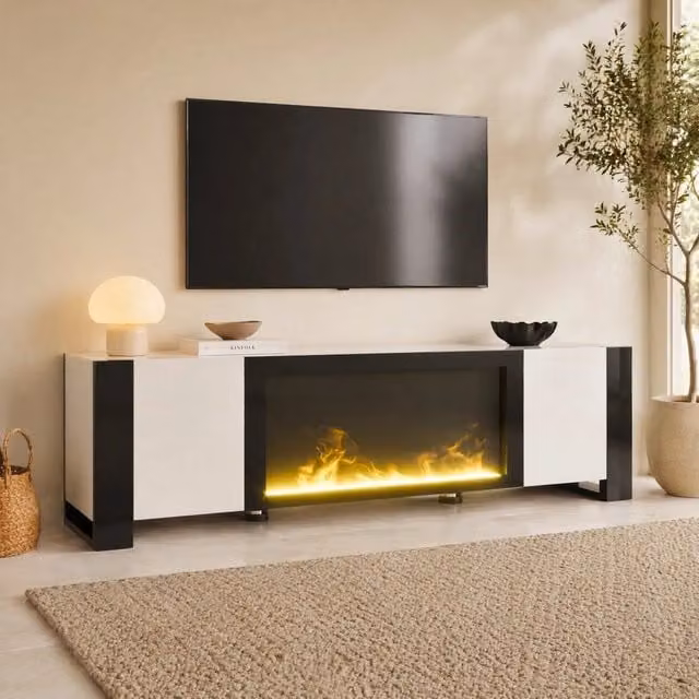 Mobile TV con camino elettrico decorativo; effetto fiamma senza riscaldamento; 165 cm; bianco e nero