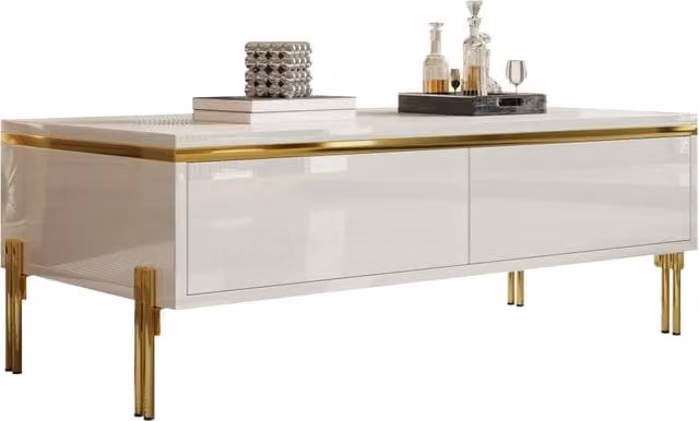 Tavolino da caffè moderno REDOM bianco e oro con finitura lucida L/P/H: 100 x 50 x 36 cm