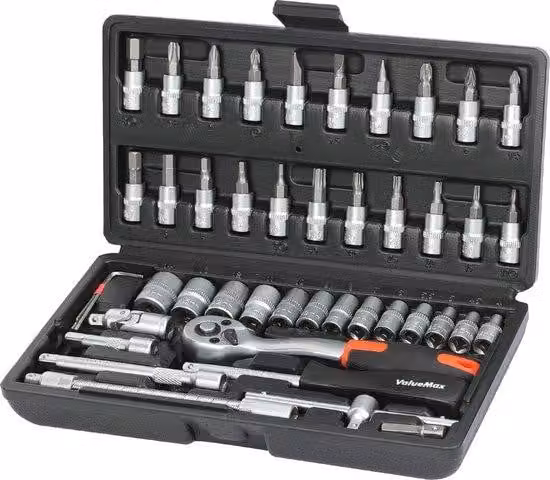 Set di utensili da 46 pezzi in acciaio Cr-V, chiave a cuneo da 1/4 di pollice, cacciavite, set di punte, perni girevoli, valigetta porta attrezzi