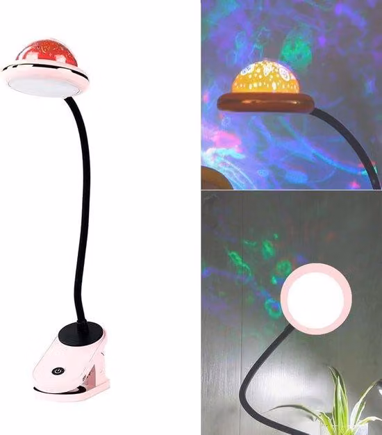 Lampada USB con faretto a LED, orientabile a 360 gradi, 4000K, per comodino, con proiettore di stelle, rosa, formato piccolo.