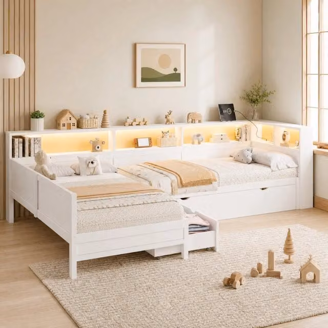 Letto a piattaforma a L 90x200 cm con letto estraibile; cassetto; LED e ricarica USB-C; bianco