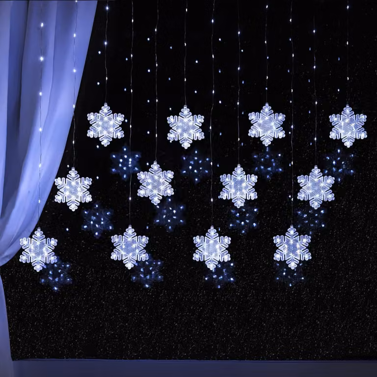 Luci a tenda a forma di fiocchi di neve, 3 x 0,75 m, 204 LED, alimentazione USB, telecomando, luce bianca fredda