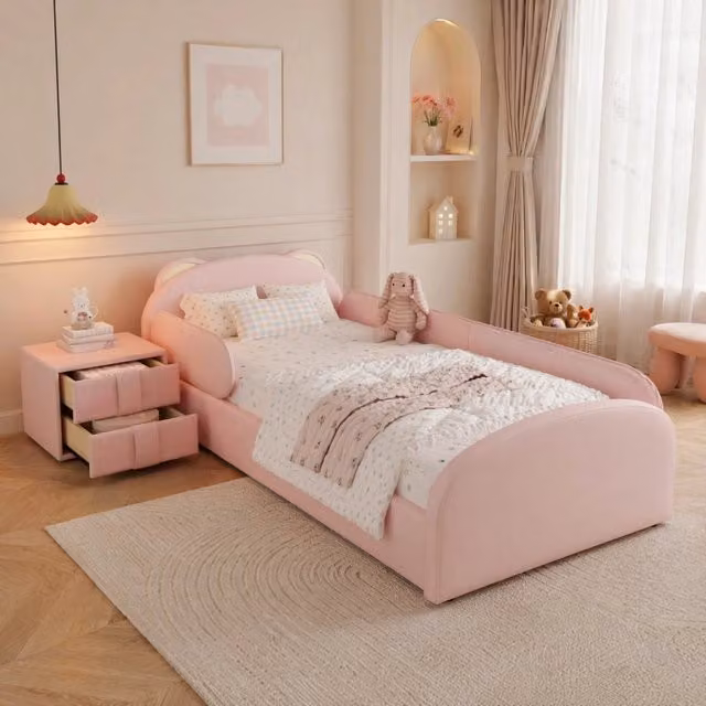 Letto per bambini 90 × 200 cm con testiera a forma di orso, comodino con 2 cassetti, senza materasso, rosa