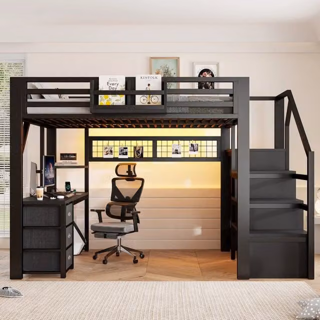 Letto a soppalco matrimoniale 140x200 con scrivania; scala e contenitori in metallo nero