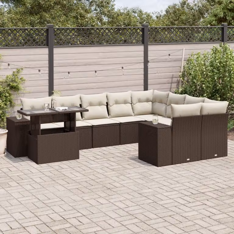 Set di divani da giardino vidaXL in polyrattan marrone con cuscini bianchi e tavolino da esterno
