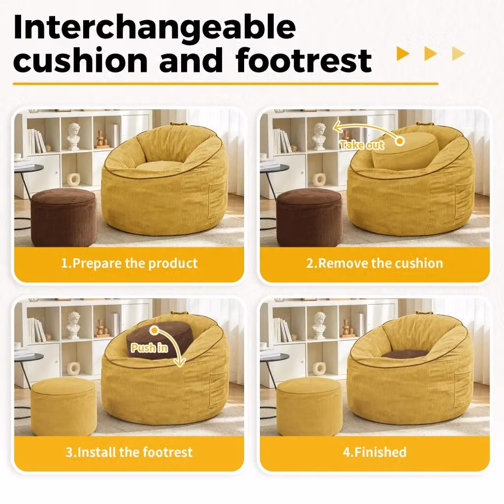 Poltrona relax OKWISH con pouf e tasca laterale in flanella gialla – 2