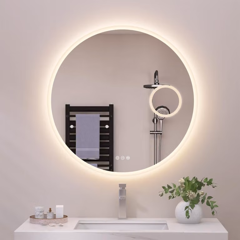 Specchio da bagno LED rotondo, diametro 80 cm, con funzione di dimmerazione, ingrandimento 5x e grado di protezione IP44