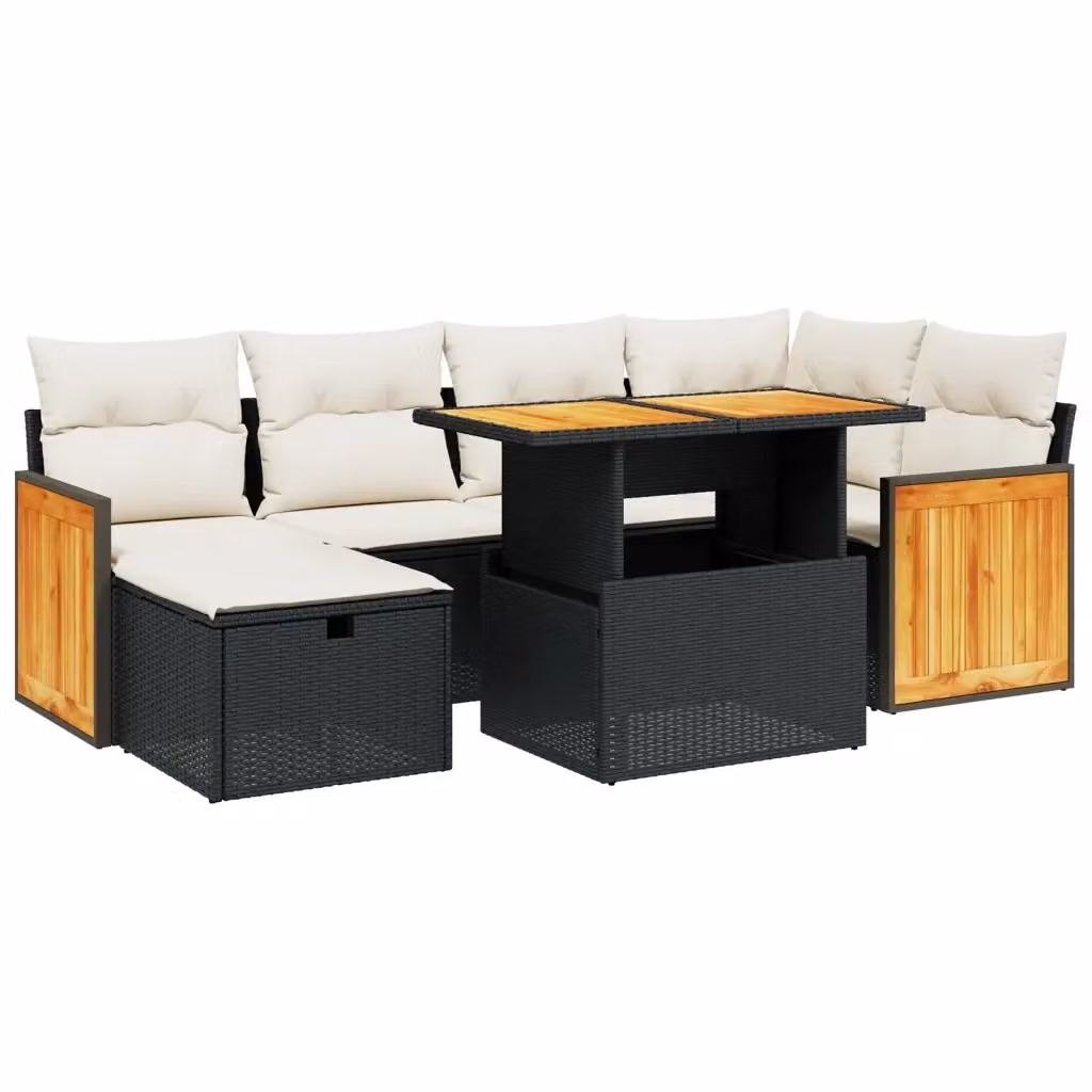 vidaXL Set Divani da Giardino a L con Cuscini 7pz in Polyrattan Nero e Legno di Acacia – 2
