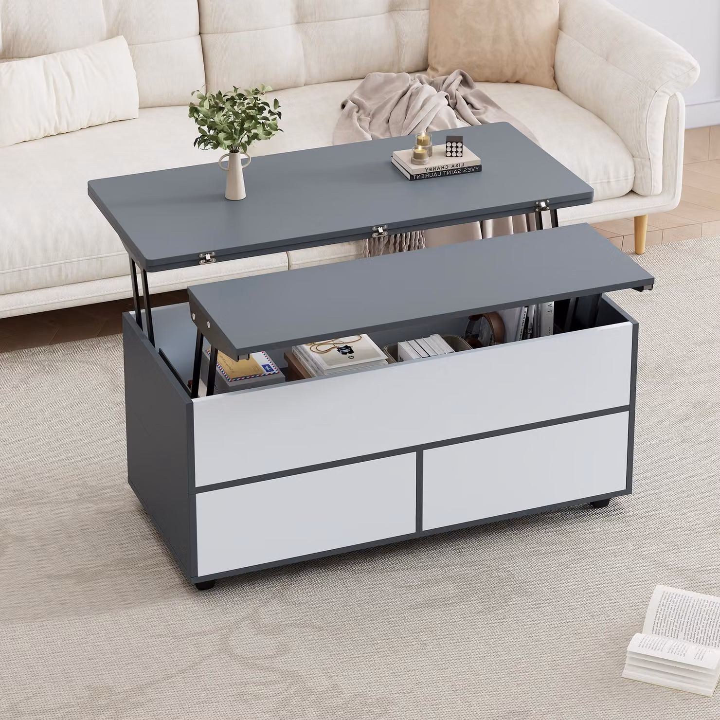 Tavolino Merax 100x98x65cm con cassetti e ripiano, tavolino da salotto regolabile in altezza con rotelle e vano portaoggetti, tavolino multifunzionale grigio