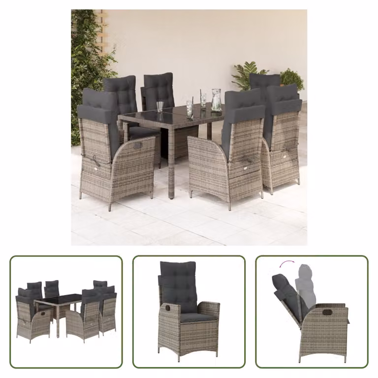 The Living Store Set da pranzo da giardino 7 pezzi con cuscini in poly rattan grigio
